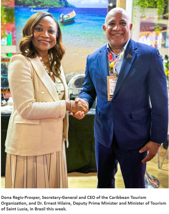 Dona Regis-Prosper, Secretary-General and CEO of the Caribbean Tourism Organization, and Dr. Ernest Hilaire, Deputy Prime Minister and Minister of Tourism of Saint Lucia, in Brazil this week.